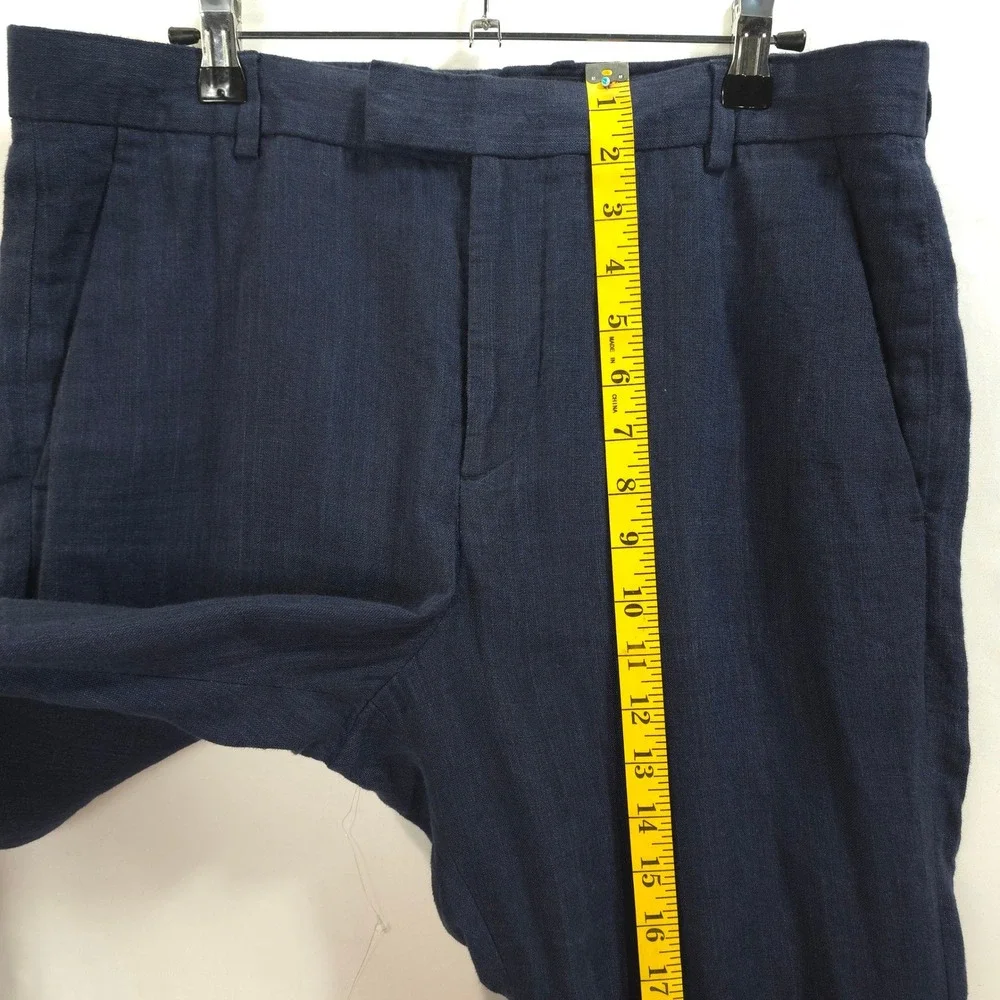 H&M Linen Trousers Men 33R Slim Fit Navy Blue Neutral Coastal Summer Chino Pants
